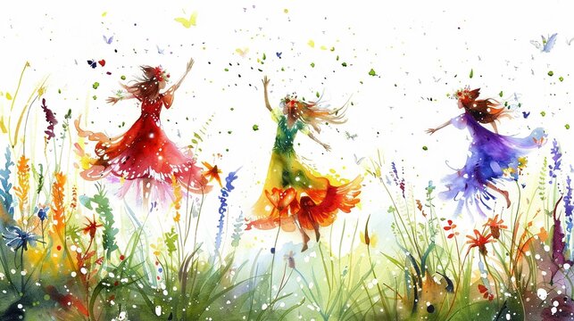 Fairies dancing in a sunlit glade,Clipart, watercolor illustration, Perfect for nursery art The style is hand  drawn, white background