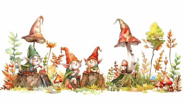 Elves crafting items from forest materials,Clipart, watercolor illustration, Perfect for nursery art The style is hand  drawn, white background