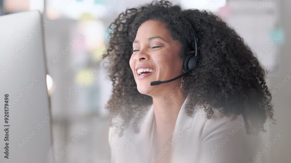 Aufkleber happy female customer service agent talking to a client with a headset, smiling while working in a c