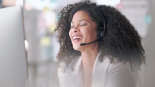 Happy female customer service agent talking to a client with a headset, smiling while working in a call centre. A helpful saleswoman assisting customers with purchase orders and questions online
