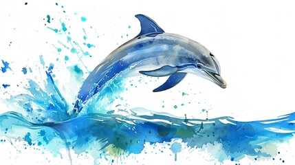 Dolphin jumping out of the water,Clipart, watercolor illustration, Perfect for nursery art The style is hand  drawn, white background