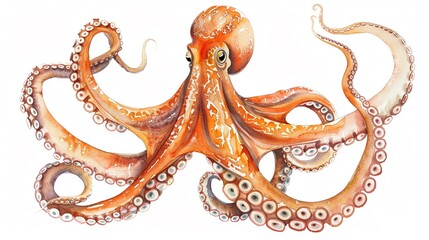 Octopus with its tentacles spread,Clipart, watercolor illustration, Perfect for nursery art The style is hand  drawn, white background