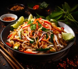 bowl noodles with vegetables and chops