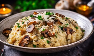 bowl ries with mushrooms and parise