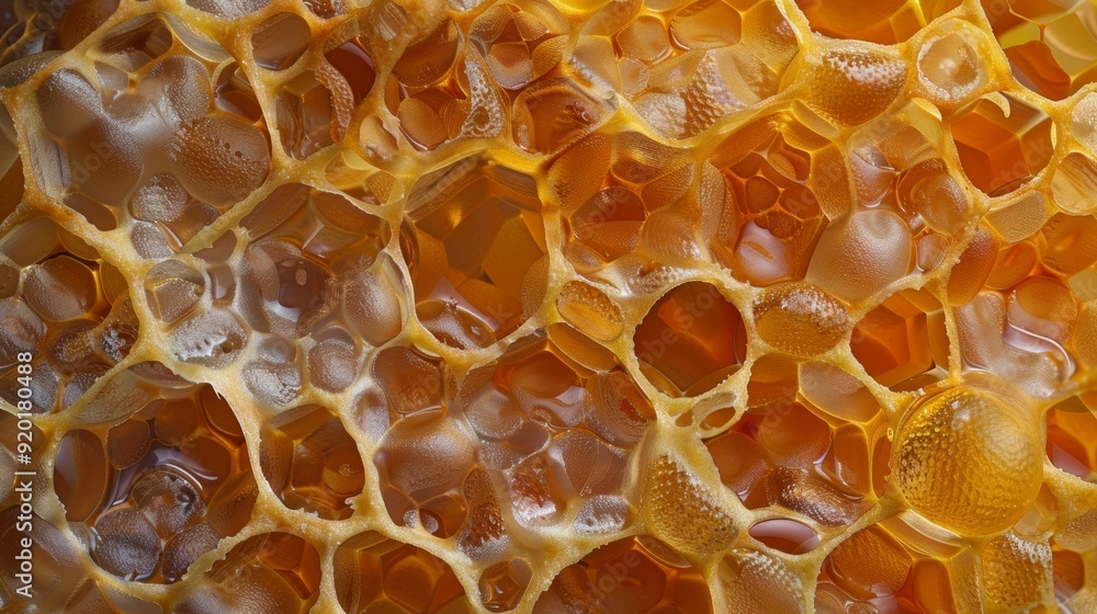 Poster a macro view of a honeycomb showcasing the subtle variations in color and texture from cell to cell.