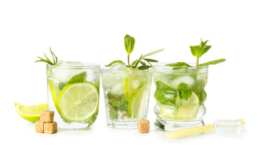 Glasses of tasty mojito isolated on white background