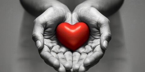 Fototapeta premium A striking and captivating image of multiple hands gently cradling a vibrant red heart against a monochrome background