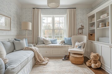 Elegant baby nursery with white wallpaper, light grey and blue patterned curtains, pastel decor with cream linen accents, large window seat with animal print cushion, vintage high chest for books and 