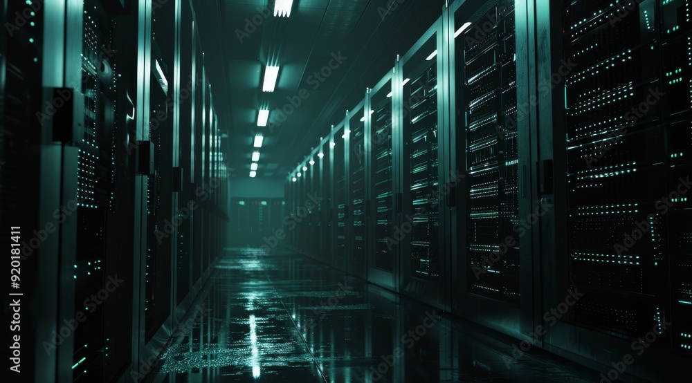 Aufkleber an advanced modern data center featuring numerous server racks that are beautifully illuminated by a