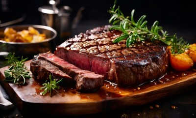 steak on wooden cutting board with fork