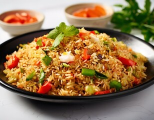plate rice with vegetables and tomatoes