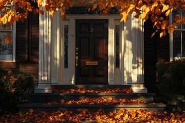 A front door of an American house in the fall, leaves on ground