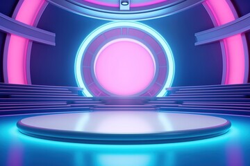 Obraz premium Futuristic stage with blue and pink neon lights.