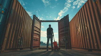 Silhouette of Worker Holding Barrel in Between Shipping Containers at Sunset