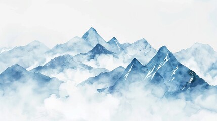 Mountain peaks surrounded by rolling clouds,Clipart, watercolor illustration, Perfect for nursery art The style is hand  drawn, white background