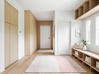 A Scandinavian-style entryway featuring light wood accents, pastel-colored rugs, and minimalist storage solutions.