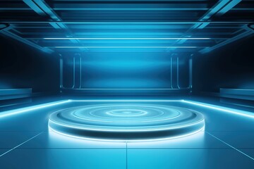 Obraz premium Futuristic blue platform with glowing neon lights.