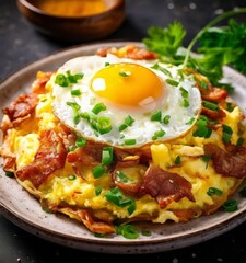 plate eggs and bacon on black table