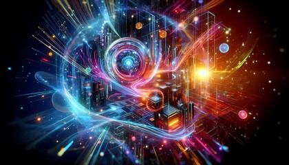 Obraz premium Fractal realms of glowing energy and swirling motion, showcasing a vibrant, abstract design in a futuristic space20