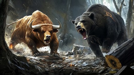 A bull fighting with a bear, with a dynamic stock chart illustrating market highs and lows in the background.