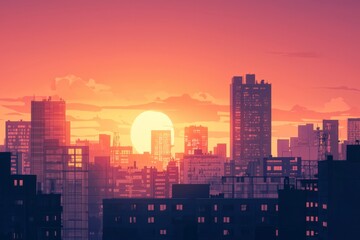 Fototapeta premium A calm city at sunset with buildings silhouetted against a warm, glowing sky The setting feels cozy vibe, Generative AI