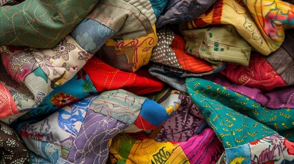 A patchwork of different materials and colors cleverly sewn together to form a beautiful and unique quilt filled with character and personality.