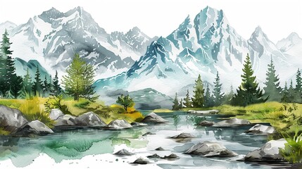 Mountain range with a clear mountain stream,Clipart, watercolor illustration, Perfect for nursery art The style is hand  drawn, white background