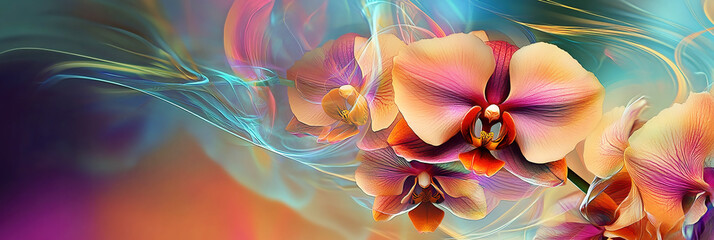 Banner header of orchids in bright orange and purple blue.