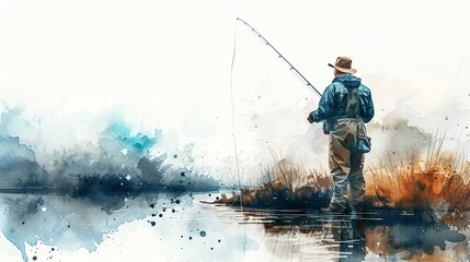 Fisherman standing in a river casting a fly fishing line,Clipart, watercolor illustration, Perfect for nursery art The style is hand  drawn, white background