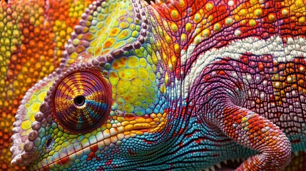 Obraz premium A chameleon shows off its brilliant colors and unique patterns while perched on a branch in a lush environment