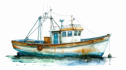 Naklejka premium Fishing boat with a fish finder display,Clipart, watercolor illustration, Perfect for nursery art The style is hand drawn, white background