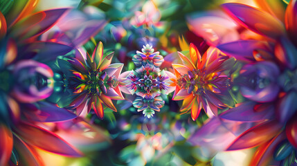 A colorful flower with a purple stem and yellow petals. The flower is surrounded by a blurry background