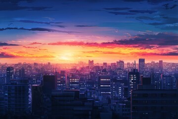 Obraz premium A city skyline during sunset with a serene orange glow over the horizon The atmosphere feels cozy vibe, Generative AI 