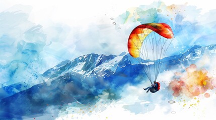Paragliding from a scenic viewpoint,Clipart, watercolor illustration, Perfect for nursery art The style is hand  drawn, white background