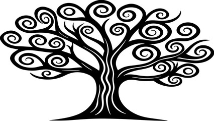 A whimsical tree with exaggerated, leaves silhouette art illustration