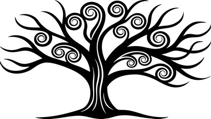 A whimsical tree with exaggerated, leaves silhouette art illustration