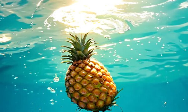 Fresh pineapple floating in clear water, showcasing its vibrant yellow color and juicy texture, representing a healthy and tropical treat