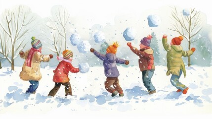 Having a snowball fight in winter scenes,Clipart, watercolor illustration, Perfect for nursery art The style is hand  drawn, white background