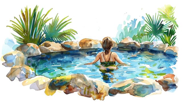 Relaxing in hot springs,Clipart, watercolor illustration, Perfect for nursery art The style is hand  drawn, white background