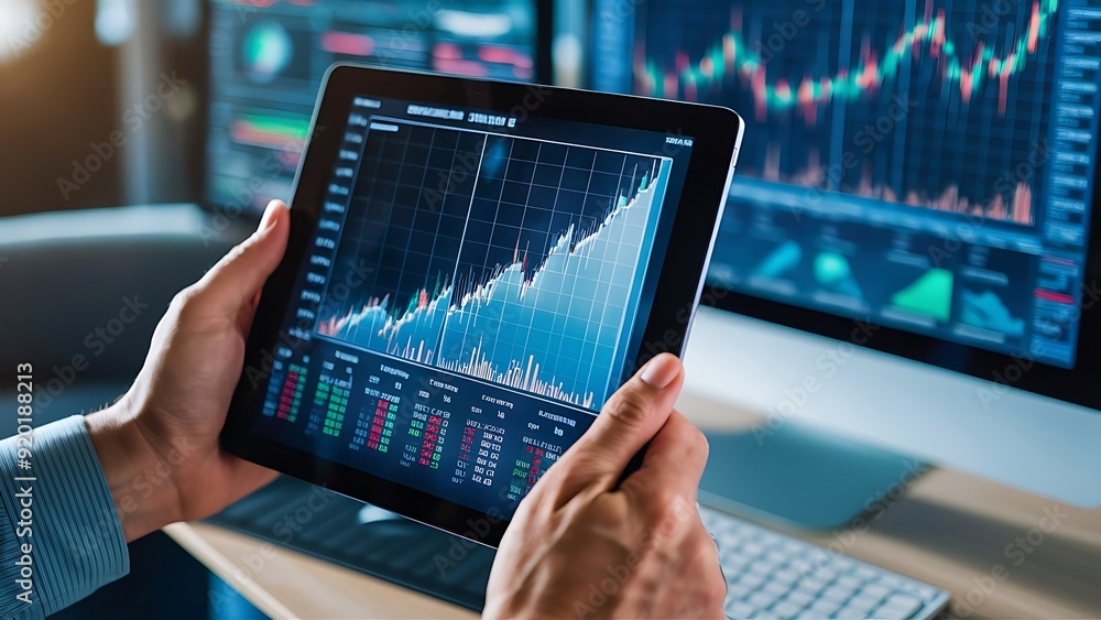 Poster businessman checking stock market on digital tablet and a desktop computer with stock exchange graph
