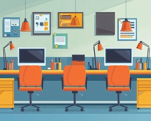 A modern office workspace featuring vibrant orange chairs, dual monitors, and organized wall decor for a creative environment.