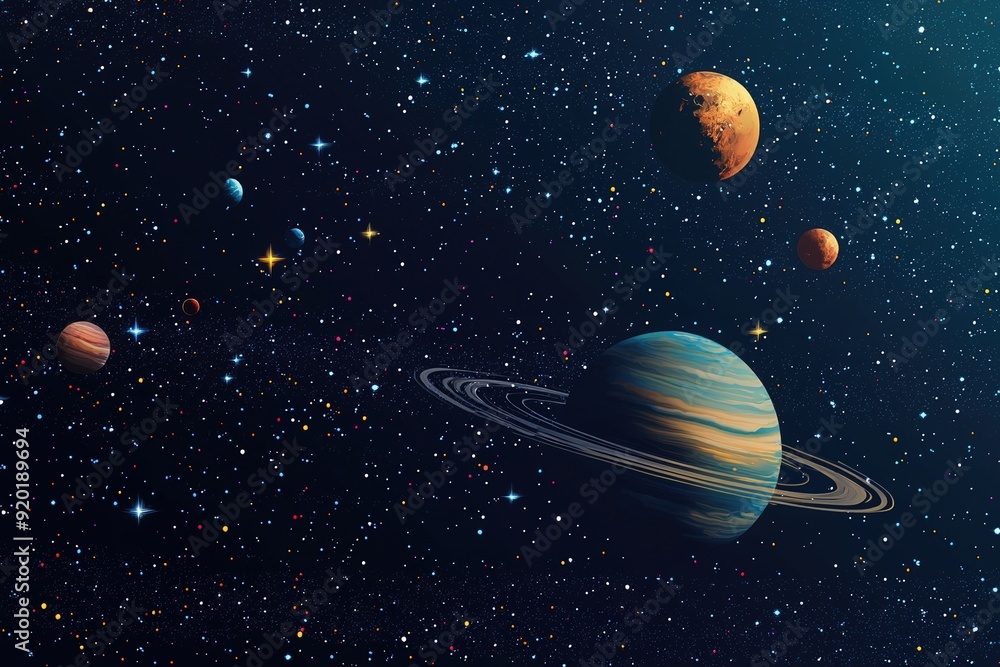 Wall mural a stunning cosmic view featuring saturn with its rings and multiple planets in a starry universe bac