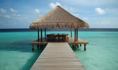 A thatched roof gazebo with wooden dock, set up for dining on the water in Maldives, shot from a distance
