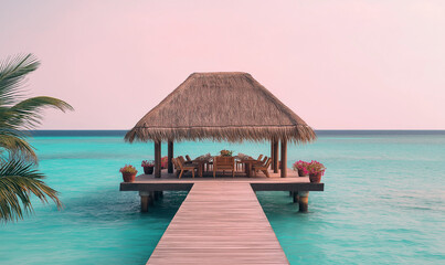 A thatched roof gazebo with wooden dock, set up for dining on the water in Maldives, shot from a distance
