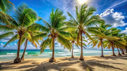 Obraz premium Tropical palm trees swaying in the breeze on a sunny beach , paradise, vacation, summer, exotic, palm fronds, relaxation