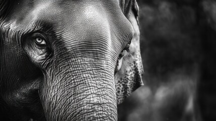 Close-up monochrome portrait of an elephant's eye and face.