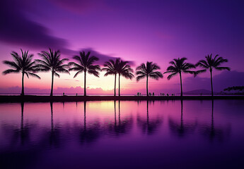 Photograph of the beautiful sunset in hawaii with palm trees and reflections on water, purple sky