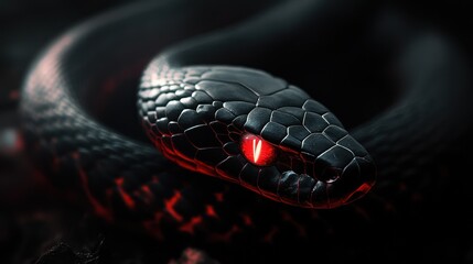 Fototapeta premium Close-up of a black snake with glowing red eyes in the dark.