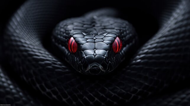 Close-up of a black snake with red eyes coiled and focused.