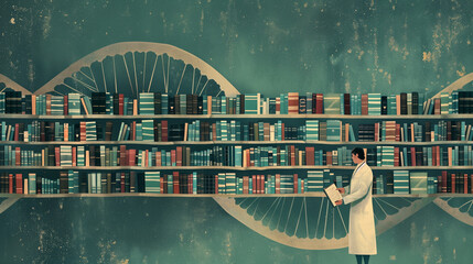 Scientist studying in a library with a DNA strand in the background